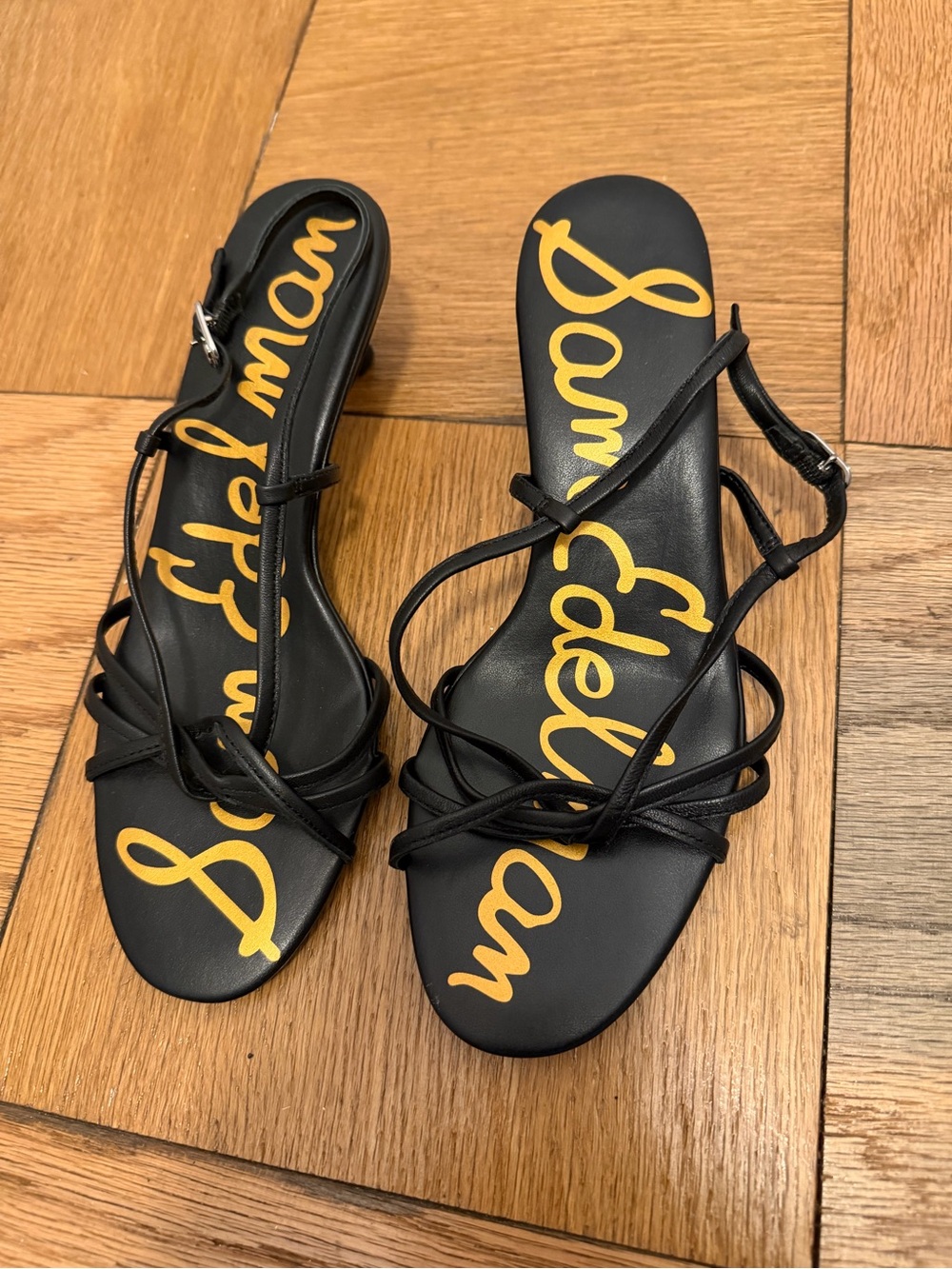 Sam Edelman Black Multi-Strap Sandals with Yellow Logo